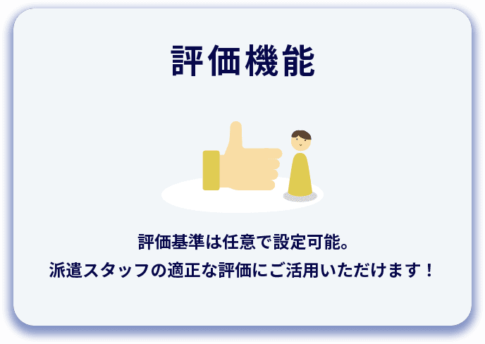 評価機能 評価基準は任意で設定可能。派遣スタッフの適正な評価にご活用いただけます！